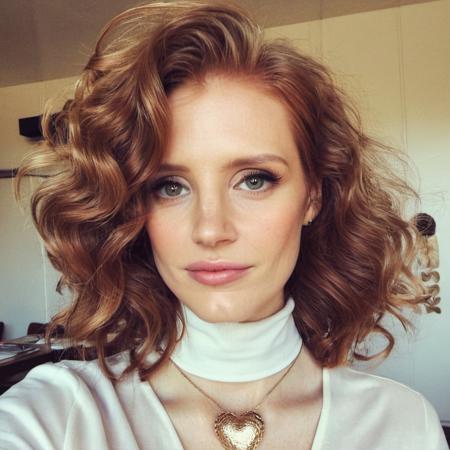 Looking straight at the camera, Film grain, skin texture, Instagram closeup selfie of a woman with beautiful wavy hair wearing a heart necklace,f/1.8,wearing a tutleneck shirt,   <lora:jeschastain_xl_1_standard_wo_cap_merger_23_42_88_02_05_03:1>