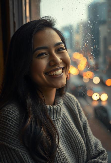 (masterpiece, best quality, ultra-detailed, 8k), full-body portrait of a happy woman indoors, (rainy evening city background through window:1.2), rain-speckled glass, soft city lights blurred outside, (warm cozy lighting:1.3), big bright smile, long dark hair, wearing a chunky knit sweater, relaxed and joyful mood, cinematic composition, soft focus, (comfort and peace), bokeh, golden glow, cozy atmosphere, (realistic skin texture), natural pose, subtle reflections on glass, (intimate mood), warm color palette