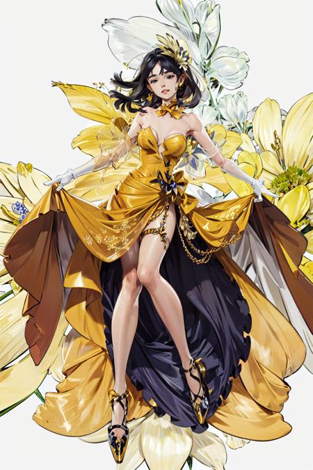 flat color,1girl, solo, black hair, dress, long hair, flower, blue flower, floating hair, blue eyes, elbow gloves, white background, strapless dress, yellow flower, strapless, gloves, ribbon, hair ornament, high heels, orange ribbon, hair flower, bare shoulders, full body, simple background, white dress, blue footwear, yellow dress, parted lips, skirt hold, bare legs, yellow ribbon, bow, orange dress, white gloves, orange bow, bangs,<lora:Kaisen:1>