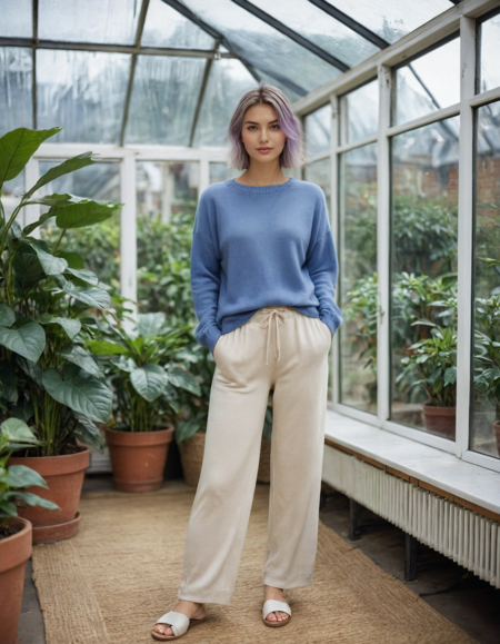 Packhelen,   <lora:Packhelen-XL:1>, ,a woman wearing Cozy sweater and ankle-length pants, conservatory,