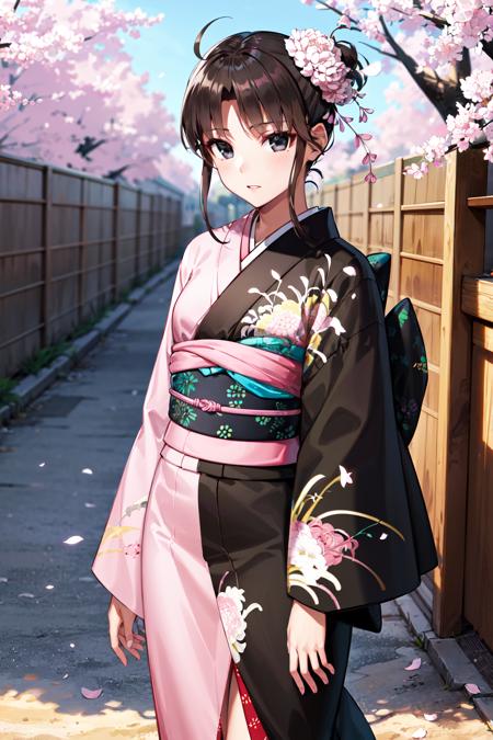 masterpiece, best quality, highres, aashiki, ahoge, hair flower, black eyes, multicolored clothes, black kimono, pink kimono, floral print, <lora:ryougi_shiki_v1:0.7>, petals, outdoors, standing, cowboy shot, arms at sides, straight-on,