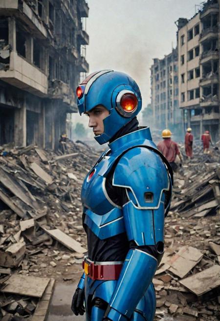 Photo of a megaman who is standing looking at how his city has been destroyed by a nuclear bomb. He has just arrived at the disaster and observes the horror of the destruction, ruined buildings full of smoke and flames, ground full of rubble with skeletons lying around In the dawn light floods the scene, the man is completely dressed in normal clothes and wet, he is dirty, everything is a disaster, the sky is cloudy and it is raining, , Fujifilm XT3,film still,film grain,cinematic,soldier accessories,war style, professional photo,best quality and best aesthetic,Award-winning artistic photos,Outdoors,public places,( detailed in background:1.6)Perfil,18-20