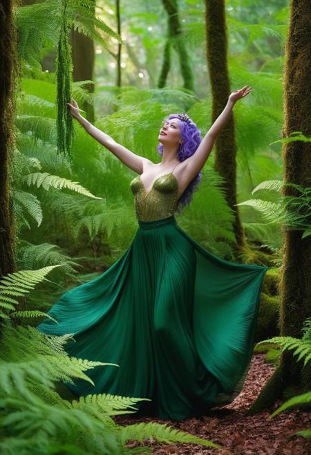 In a lush, enchanted forest filled with vibrant flora and chirping wildlife, stands a woman of pure fantasy. Her name is Lyreana, and she's the embodiment of nature's sensuality. She's tall, with porcelain skin, luscious, emerald-green hair, and piercing, violet eyes that hold a world of secrets. Her voluptuous figure is impossible to ignore, particularly her ample, gravity-defying breasts that jut out from her slender frame. The tips of her erect, ruby-red nipples peak through the leaves and vines that adorn her body, acting as both clothing and a testament to her connection with the natural world. She stands confidently, her toned legs spread, the curves of her hips accentuated by a flowing, fern-green skirt that barely manages to cover her. As she breathes in deeply, the air is filled with the intoxicating fragrance of her perfume - a blend of the forest's most alluring blooms. With a smile that could topple trees, Lyreana extends her arms to the sky, inviting all who wander this magical, secret grove to revel in her intoxicating embrace. Her breasts, the epitome of her allure, beckon the unsuspecting with their hypnotic, enchanted glow.