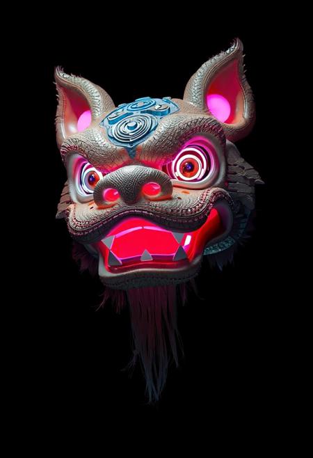 masterpiece, best quality, amazing quality, very aesthetic, high resolution, ultra-detailed, absurdres, newest,  photorealistic details, volumetric lighting, foo dog with a spherical head and no body, close up of head, glowing teeth and eyes, blue and pink, plain black background