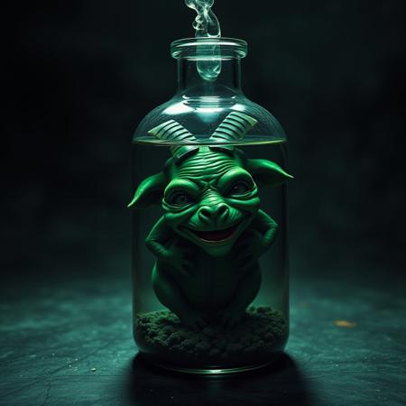 Dark and ominous artwork featuring a lab vat tank containing a ugly green oversized hideous deformed smiling goat-like humanoid fetus squished inside the small bottle, obscure art, weird art, occult art, splash art, goth, grotesque, disgusting, shock value, photography, green hue, coverart, death metal, abortion
