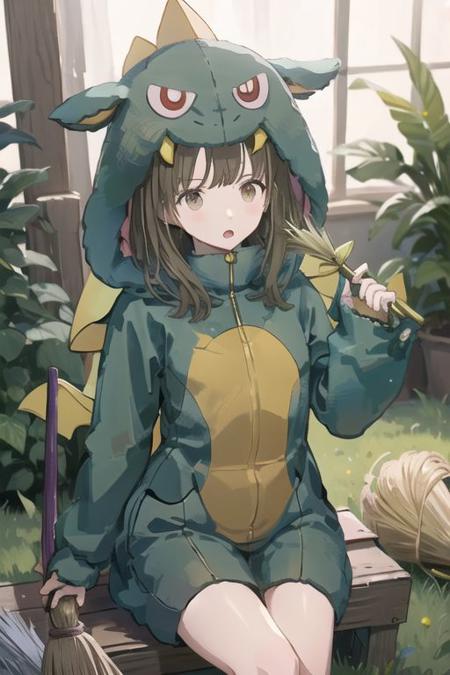 gaogaonichika, 1girl, solo, bangs, brown hair, hood, cosplay, animal costume, brown eyes,
:o, holding, holding flower, solo, broom, grass, plant, window
<lora:nichika-gao-v1.0:1>