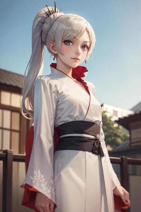 (masterpiece, best quality:1.2), <lora:rwby_schnee-10:1>, cowboy shot, solo, 1girl, weiss schnee, slight smile, closed mouth, looking at viewer, scar across eye, japanese clothes, white kimono, town