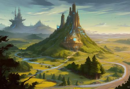 Score_9, score_8_up, A high-resolution, high-quality, ultra-wide landscape shot,  of a futuristic cityscape merging into a mystical forest: on the left, towering neon-lit skyscrapers with flying cars; on the right, ancient, towering trees with glowing fairies. The two worlds , seamlessly blend, intertwining nature and technology.