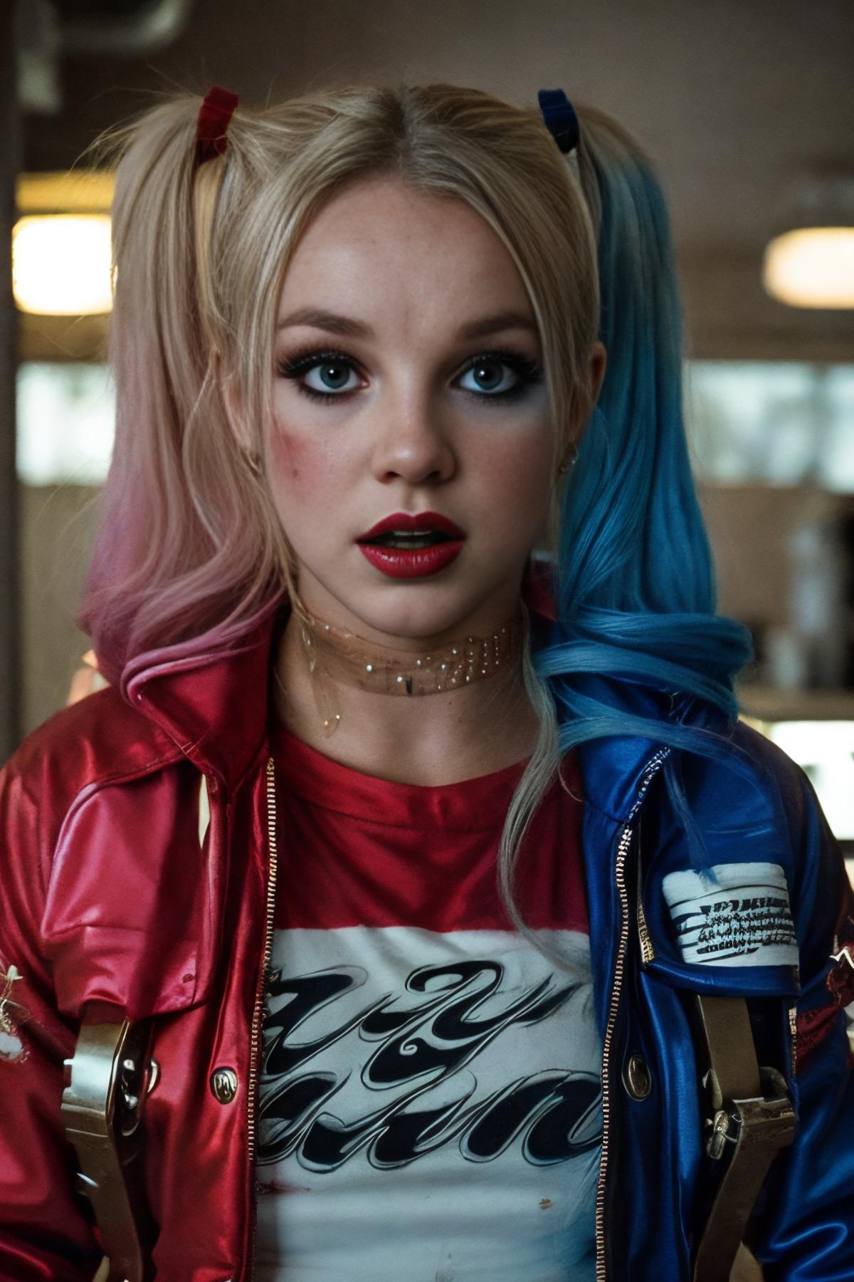 A young woman with blue hair and red makeup is wearing a red and blue jacket, and is dressed as Harley Quinn.