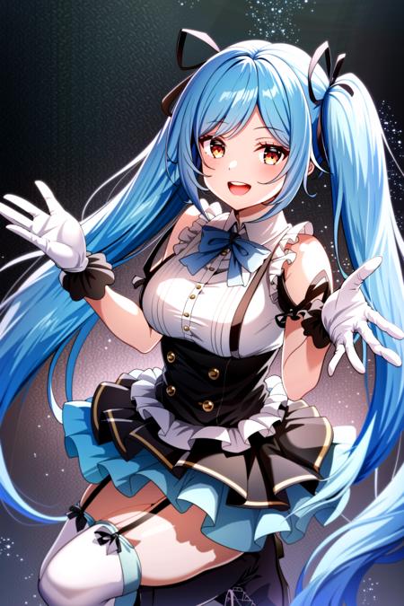 masterpiece, best quality, (1girl, solo),
yamato iori idol, 1girl, virtual youtuber, solo, long hair, blue hair, twintails, very long hair, thighhighs, red eyes, boots, open mouth, smile, gloves, looking at viewer, full body, skirt, ribbon, cross-laced footwear, garter straps, absurdly long hair, hair ribbon, knee boots, white gloves, lace-up boots, frills, breasts
 <lora:YamatoIoriIdol:0.65>
blush, 
( indoor, stage ,cowboy shot , dynamic pose, looking at viewer, ),