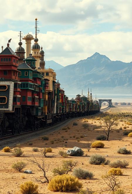 a fabulous moving city, its many colourful levels mounted on gigantic tracks, moves slowly across a barren plain, with a few stunted trees and bushes, it's heading for a wide gap in the mountains that sit on the horizon.  Steampunk mortal engines. A mesmerizing, high-contrast, vivid cinematic photograph, ultra hd, realistic, vivid colors, highly detailed.