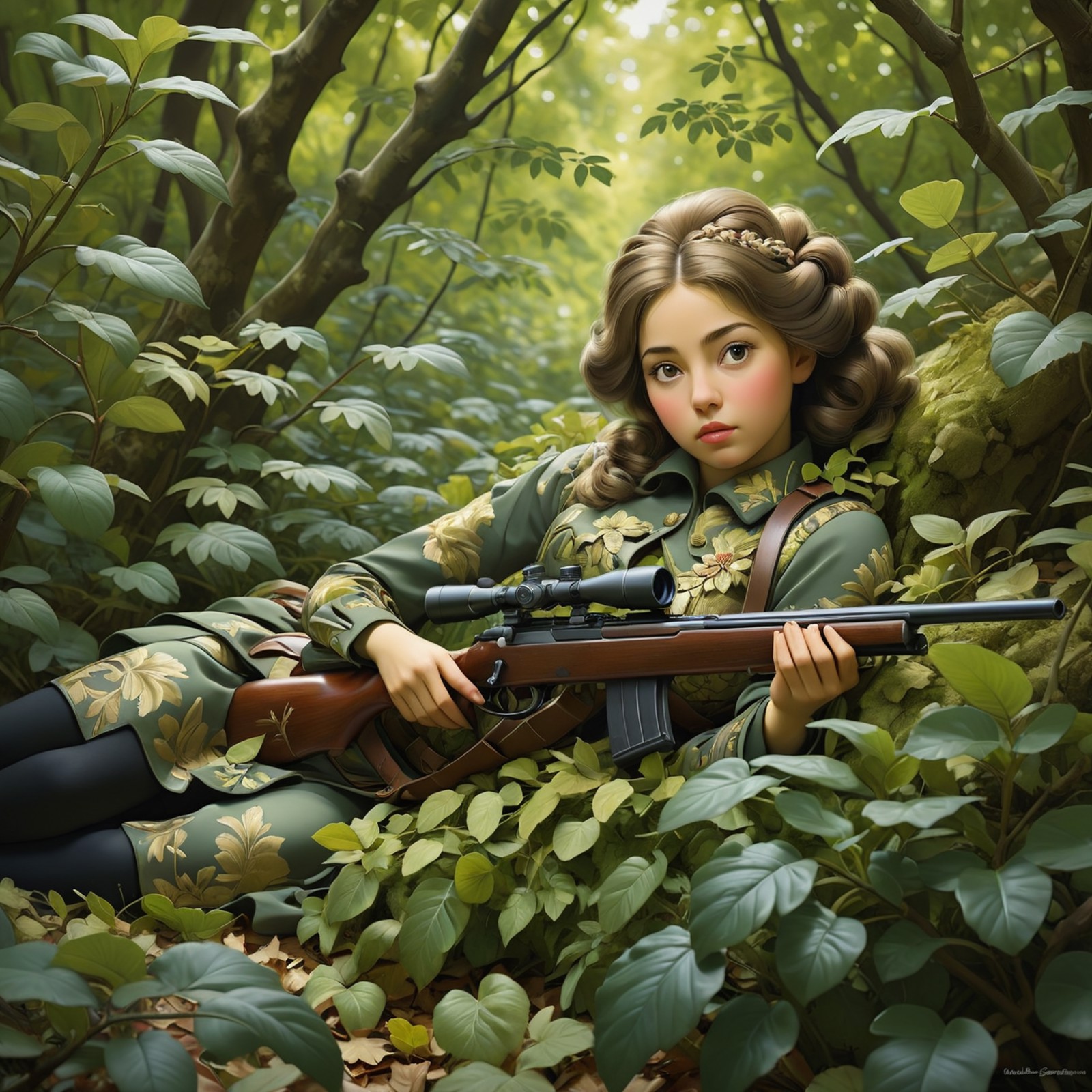 A sniper lying prone, camouflaged in a dense, leafy environment., (a classical baroque style painting  by Maria Kanevskaya...