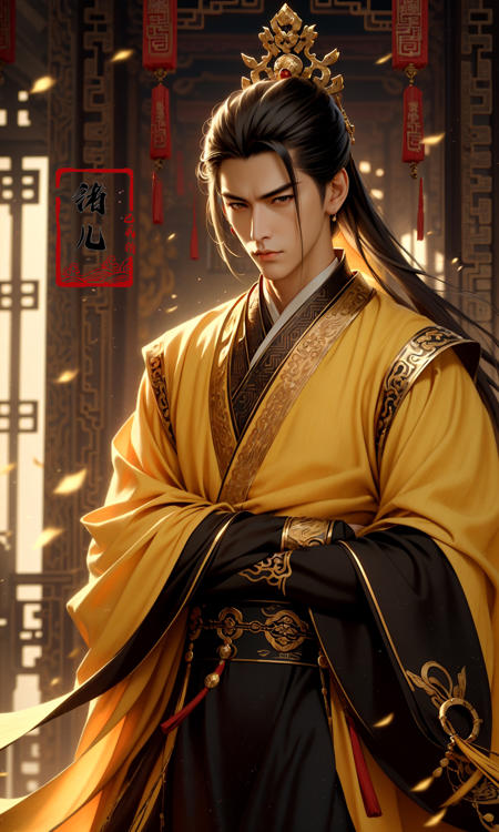 Epic CG masterpiece, A Chinese Tang dynasty emperor,by guopei Wuxia,handsome, MAX Masculinity, straight crown, golden Taoist robe, palace background, Tang dynasty, royal, dynamic poses, stunning colors, 3D rendering, surrealism, cinematic lighting effects, realism, 00 renderer, super realistic,
<lora:~Q?-vY*[Proyal:0.9>