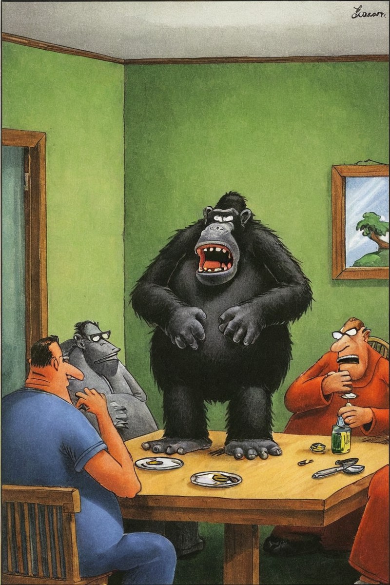 a color far side comic strip illustration of  a Ape by Gary Larson, <lora:Gary_Larson_Style_XL_Color_Far_side-000005:1>