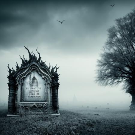 mity mountains, abandoned mansion, gravestones, sharp focus, 4k, art by RFKTR_rootrex