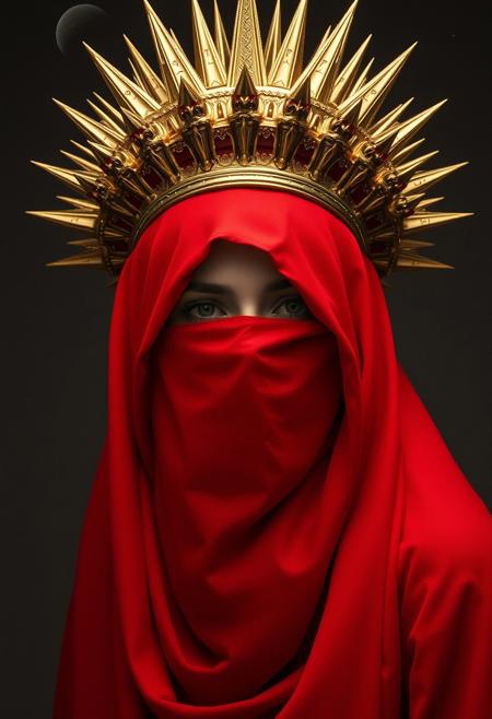 lady in red veils her face and has a large golden spiked crown, in the style of celestial fashion, otherworldly beauty, davide sorrenti, celestial punk, album covers, fra angelico, aykut aydogdu, queen core, golden age aesthetics