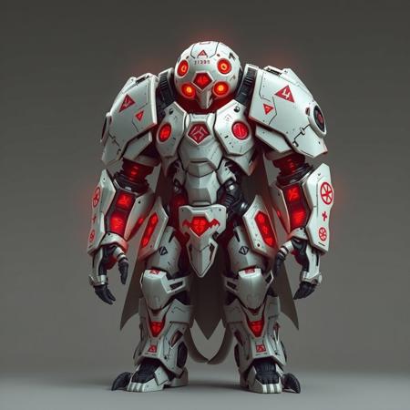 - +++C0d3Br34k.exe towers above others in pulsating bone-white armor inscribed with red error glyphs. Its body shifts between solid code plating and ghost-layer transparency. Four burning eyes observe threat vectors with surgical precision, and its armored arms quake with forbidden protocol strength.