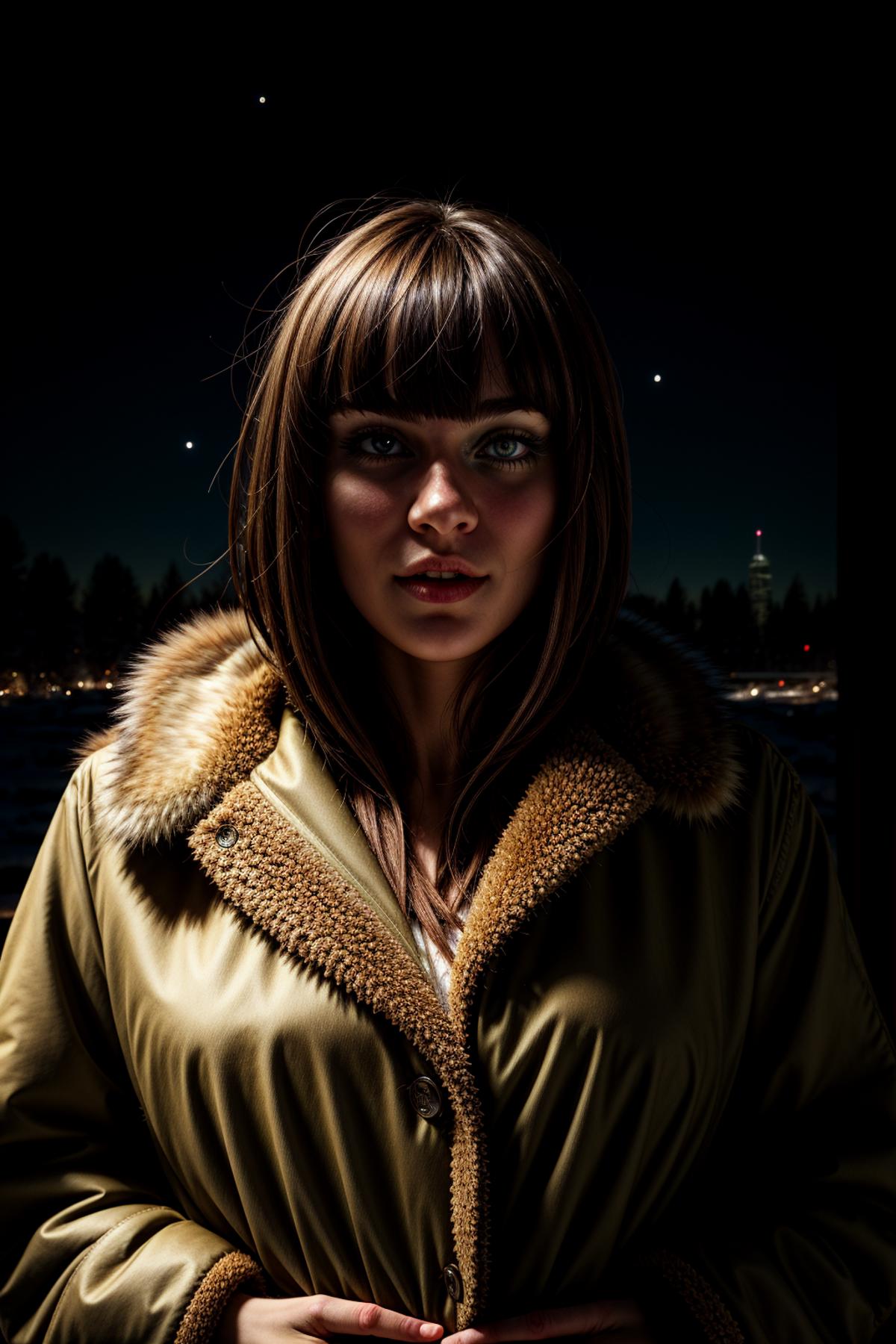 A woman with a fur trimmed jacket and brown hair posing at night.