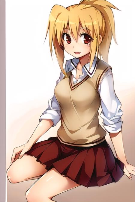 (1girl), masterpiece, best quality, absurdres, cute, extremely detailed face, perfect lighting, chiba kirino, blonde hair, ponytail, <lora:model-BambooBlade-Chiba_Kirino:0.8>, school uniform, skirt, sitting