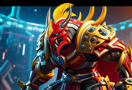 epic details An epic, dynamic pose of Gladiator Beast Tygerius, clad in iconic red and gold Metalsilver Armor with vibrant blue and yellow accents. Menacing yellow head, red mask. Against a futuristic, pulsing Appliancer Electrilyrical World background. Cinematic lighting, isometric view, intense detail, Octane Render, Unreal Engine 5, Splash Ink illustration elements. 4K, trending on Artstation, CGSociety, Golden Ratio composition.