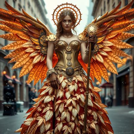 A steampunk-inspired angelic look that merges machinery with divine beauty. The gown features a corset made of polished brass and copper, with intricate clockwork gears that actually move. The skirt is a cascade of metallic feathers, each one engraved with delicate poinsettia patterns. The model’s wings are massive, mechanical constructions that glow with soft golden light, and her halo is a rotating ring of tiny, glowing cogs. Her gloves are made of fine leather with lace detailing, and she holds a staff topped with a glowing crystal star. She stands in a Victorian city square, with snow falling softly around her. Keywords: steampunk, mechanical, angel, brass, copper, poinsettia, wings