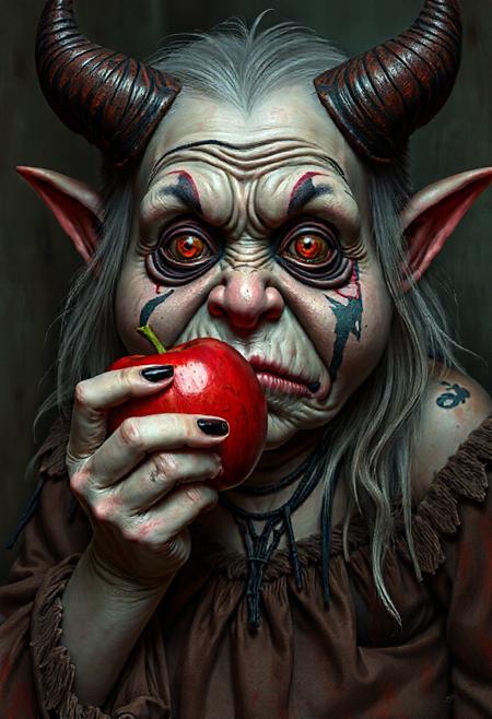 chubby ugly scary, 1witch 35yo holding an apple,neon tattoo on the face, demon theme, high-resolution image that captures the intricate details of the scene, realistic, best quality