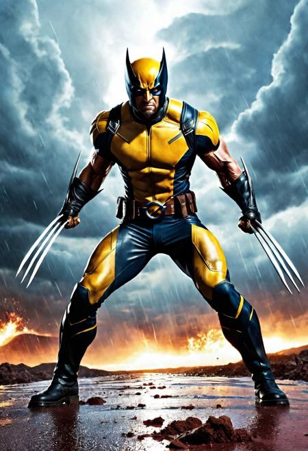 High resolution ultra-realistic of Beautiful Wolverine/Logan, cinematic lighting, Marvel style, Wolverine vs X-23 stand side by side in battle pose on a bloody and stormy battlefield, 8k, realistic modern Wolverine X-Men yellow and black combat costume, gazing straight ahead, dirty face, realistic brown eyes, full body, ultra realistic, cinematic style, athletic figure, day lighting, sharp focus, digital painting, Photograph Taken on Nikon D750, Alphonse Mucha, Hyperdetailed, hyperrealism, aesthetics reminiscent of X-Men, Attractive, asymmetric balance