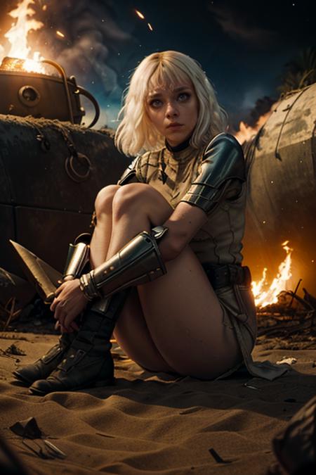 <lora:shtyocta-05:1> Anime Style, shtyocta, cinematic film style ((eyes shaded in black, ultra skinny, pale skin, white hair, islands)), sitting with her legs held in place by her arms, looking  at the camera.
Background night, war, fire and explosions
shallow depth of field, vignette, highly detailed, high budget Hollywood movie by baz luhrmann, bokeh, cinemascope, moody, epic, gorgeous, film grain, grainy