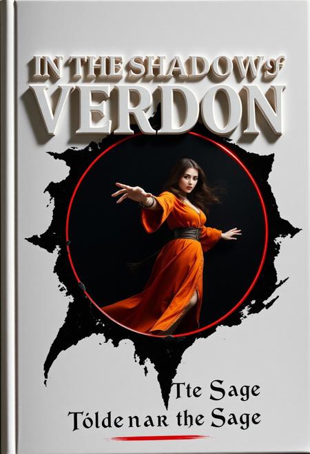 Create a book cover called ("In the Shadows of Verdon"), the letters of the title are 3D embossed white letters jutting out of the cover on a white background but you can read the dark shadow they cast on the page, the cover is white, in the middle of the book there is a beautiful Summoner brunette woman in fantasy wizard orange clothing being pulled into a black portal with a red edge, there is extreme foreshortening as she extends her arm towards the viewer while her body is pulled inside the black portal with the red outline.  The book cover has vivid colors with a color silver and white and red color pallette very well rendered and extremely detailed, at the bottom are the name of the author ("Toldanar the Sage") written in english with a fancy French font surrounded by magical runes