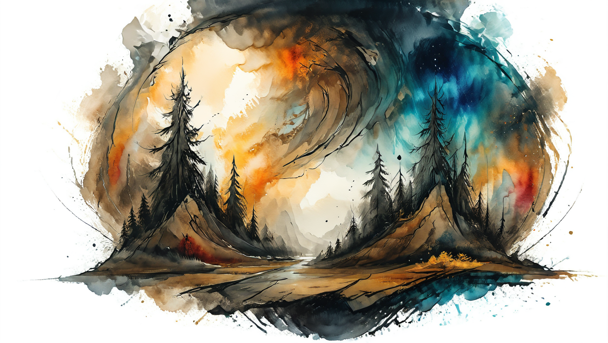 forestal, landscape scenery, watercolor and ink style, white background, artistic and abstract, whirlwind, key visual, ink painting art, vibrant colors, minimalism, soft brush strokes <lora:Cute_Drawing:0.8> <lora:hyperkraximalism_v1-1:0.8>