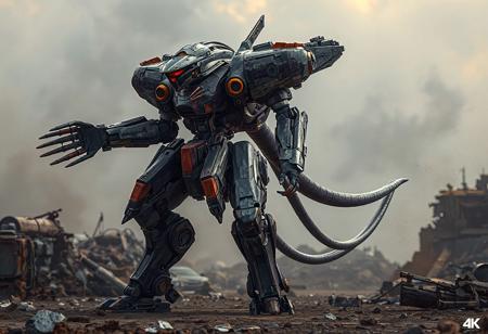 Intricate Martial Metal Marcher robot, deep purple and gray chassis with vibrant orange and red accents, large visored head, streamlined body, weaponized limbs, long slender tail, in an assertive, dynamic battle pose, one arm extended forward, standing tall in a desolate, gritty junk land wasteland, dramatic cinematic lighting, sharp focus, ultra detail, 4K, matte painting, Octane Render, Unreal Engine 5, complex composition, trending on Artstation, CGSociety, golden ratio.