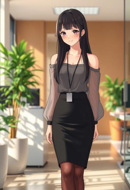 Anime-style shy and beautiful young female secretary standing in a modern office during the day. She has long, smooth black hair and gentle eyes, looking slightly down with a shy smile. She wears an elegant off-shoulder summer blouse without straps, with long flowing sleeves, slightly sheer and soft, tucked into a fitted black pencil skirt that ends just above the knees. She also wears thin, transparent black stockings and modest black heels. A small ID badge hangs subtly at her waist, adding to her reserved posture. Her cheeks are slightly flushed, giving a blushing expression as she stands near the office entrance, uncertain where to go. Background includes bright natural lighting, indoor plants, office desks, and soft shadows. The overall tone is warm and welcoming, with a soft-focus anime style and subtle bokeh effect in the background. Full-body composition, delicate lighting, cinematic mood.