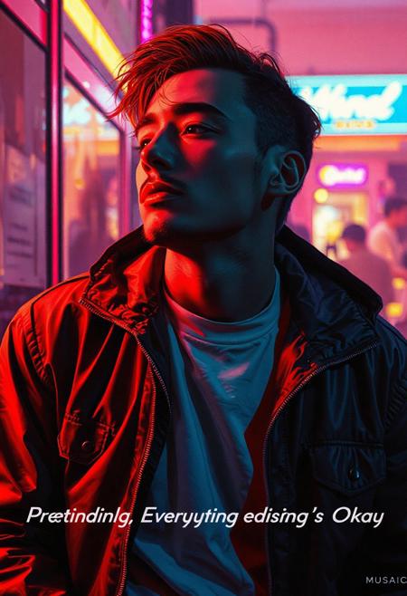high quality design aesthetics, synth pop, nostalgic,  detailed, synth pop album cover, dynamic, colourful, uptempo track, melancholic, white man, artist name "MUSAIC",  melancholic, album title "Pretending Everything's Okay"