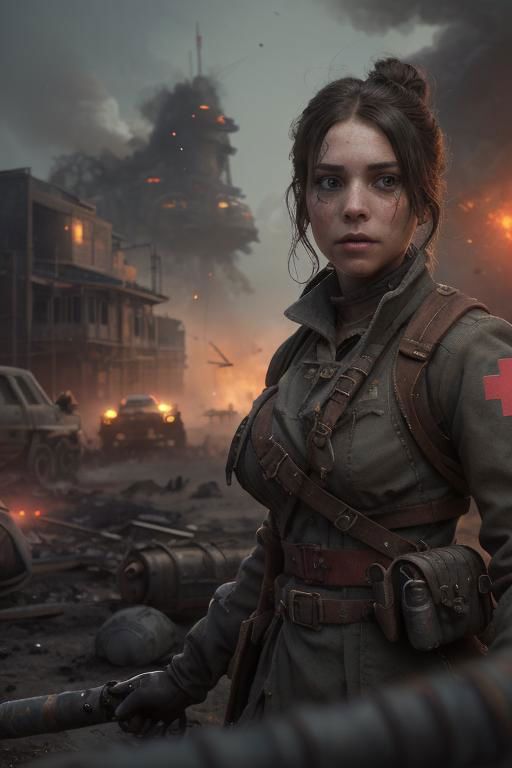 A woman in a military uniform with a red cross on her sleeve and a gun in her hand.