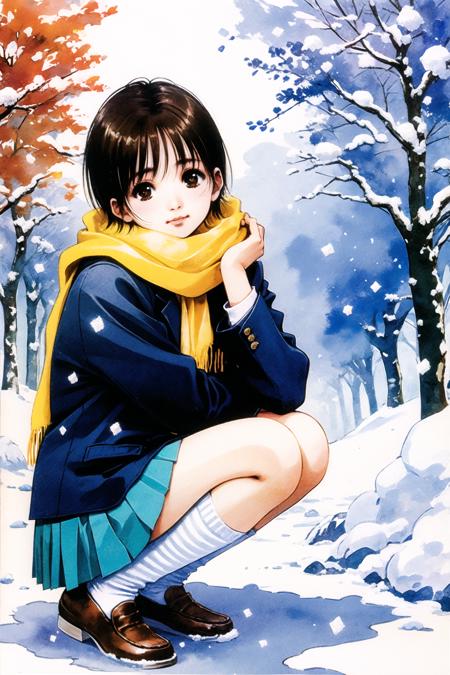 1girl, scarf, squatting, solo, skirt, short hair, breath, school uniform, brown hair, black hair, black eyes, socks, jacket, brown eyes, tree, snow, snowing,watercolor \(medium\),  <lora:ç¾æ æ¬æ´å½¦V3:1>