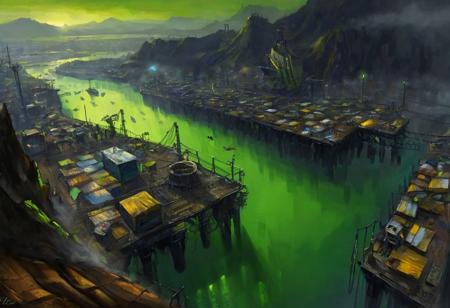 oil painting, socialist realism, wh40k10m,  bird's-eye view, huge landfill in the distance in the background, the edge of the metropolis, a rusty landfill, black and dirty land, huge favelas on the slopes of garbage mountains, toxic swamps with glowing green water, greenish fog, a fishing schooner at pier, wh40k10m, Imperium of Man location, background,Gothic, Industrial,