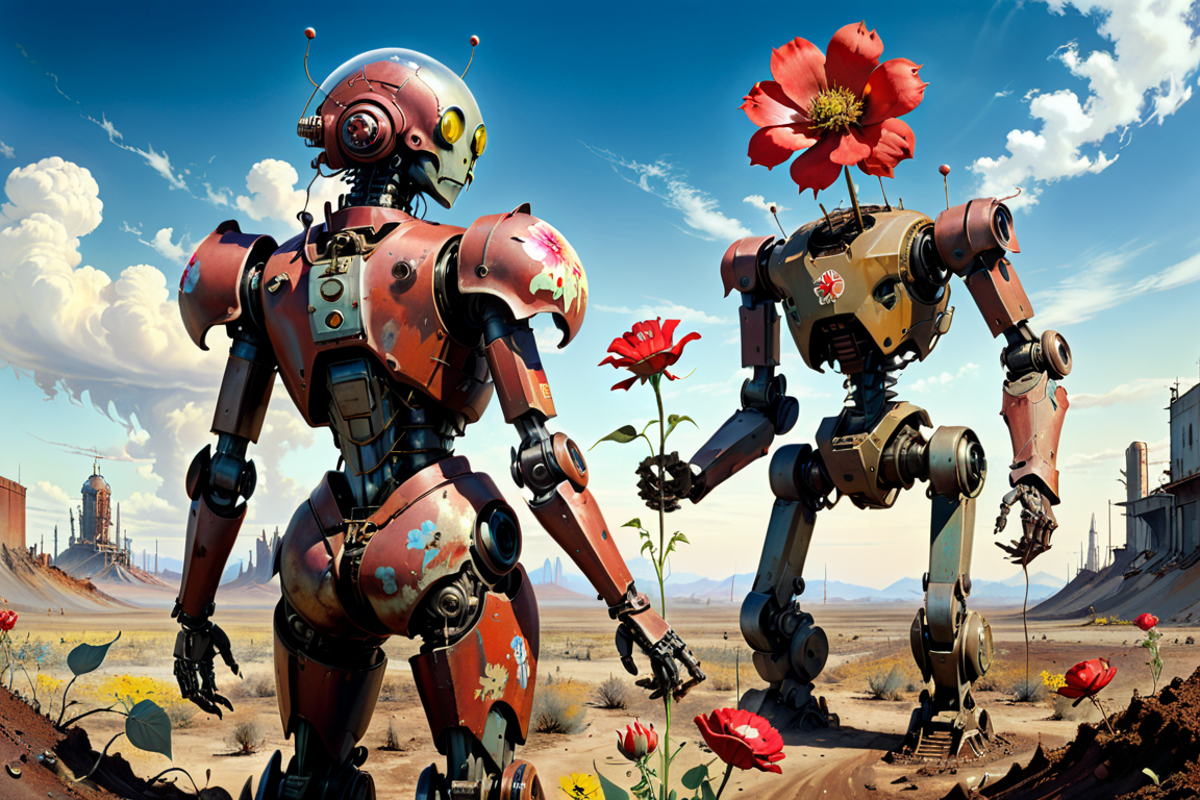 Robotic Flowers in a Field - Two Steampunk Robots with Red Flowers and Red Roses