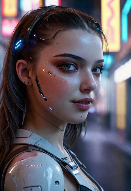 Visualize a professional, (Utopia,city:1.0), (Smile:1.0),high-resolution, mid-body portrait that brings to life the nuanced realism of a young woman with Android characteristics, amidst the distinct ambiance of a Utopia city. This photograph, captured with an advanced digital SLR camera, is renowned for its exceptional detail resolution and depth of field capabilities. Special attention is given to the woman's skin and eyes, aiming for an unparalleled level of realism that highlights the texture of her skin and the depth of her eyes, making them the focal points of the composition. The wide aperture setting ensures the subject is crisply in focus, with the city's neon-infused backdrop beautifully blurred, providing a contrast that accentuates the subject's features. The selection of the scene demands creativity and diversity, moving away from clichd representations to capture unique moments within the cyberpunk setting that are rich in detail and emotion. Advanced lighting techniques are employed to illuminate the skin and eyes vividly, showcasing the interplay of light and shadow that defines the contours and expressions. The aim is to create a portfolio of images that explore a variety of scenarios, expressions, and compositions, each telling its own story of the symbiosis between human and technology in a future world."8k,35mm, fflixdocphoto