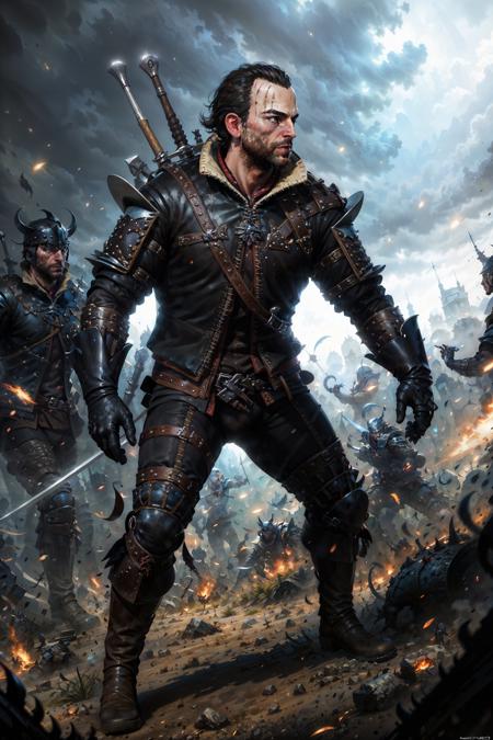 (masterpiece, top quality, best quality, official art, detailed:1.2),  <lora:lambert-20:0.7>, lambertW3_soul3142, 1boy, 1girl, black hair, gloves, jacket, weapon, male focus, boots, solo focus, holding sword, armor, facial hair, beard, realistic, battle