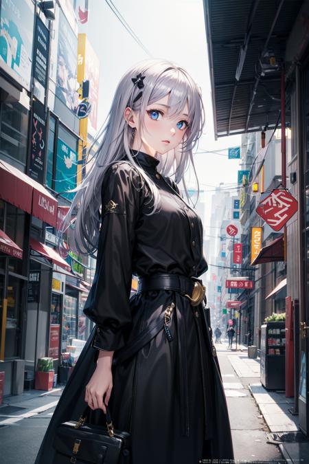 absurdres, highres,
1girl, random hair, random color eyes, shining eyes, silver hair, 
modern girl,
city,  
(official art, beautiful and aesthetic:1.2), 
<lora:flat2:-0.3> <lora:GoodHands-beta2:1> <lora:minimalistAnimeStyle_v10:0>