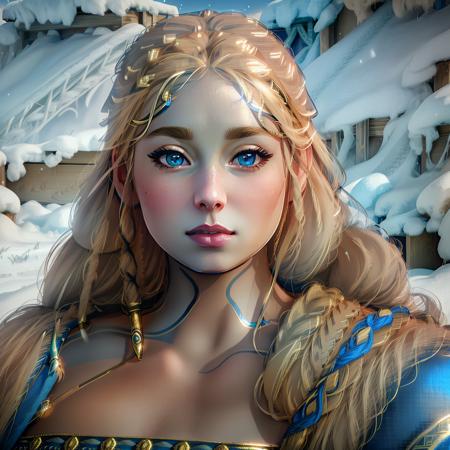 Sif, photorealistic, 4k, UHD, ((blonde hair over her left shoulder))), snowy background, blue dress, blue eyes, <lora:Sif_GodofWar:1.2>