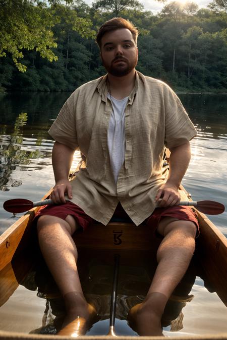 <lora:Ibai_v1-000009:1> masterpiece, best cinematic quality, photorealistic highly detailed 8k raw photo, volumetric lighting, volumetric shadows, bllns in linen shirt, Sitting, pretending to paddle in a canoe, random dynamic background