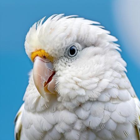 portrait, masterpiece, 4k, ray tracing, intricate details, highly detailed, hyper realistic, 8k RAW editorial photo.
a cute white budgie, head tilted and slightly blinking. The budgie's feathers should be soft and fluffy, the background should be a blue sky, dramatic light, shallow depth of field, high budget,