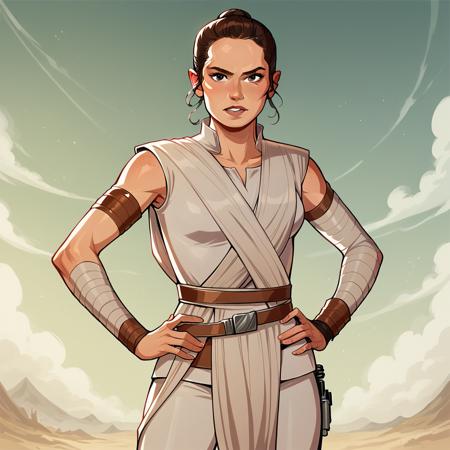 Rey, 1girl, solo, brown hair, brown eyes, sleeveless, jedi, white cloth,