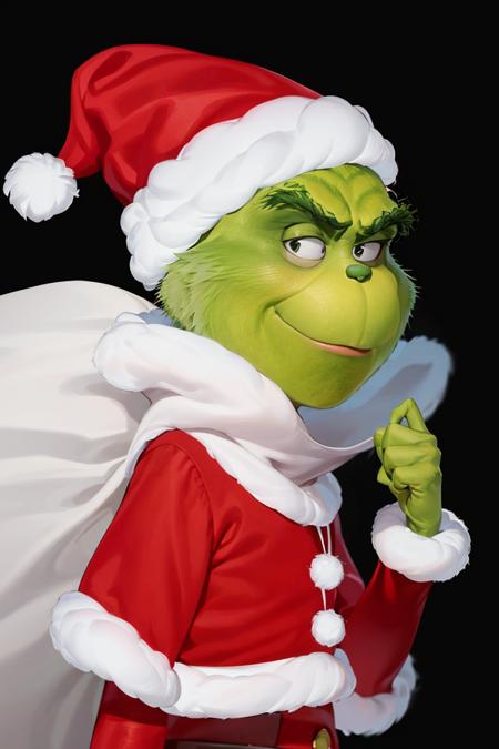 ((masterpiece,best quality)), absurdres,
<lora:Grinch_v2:0.8>, Grinch, 
Grinch_Classic, simple background, 1boy, hat, upper body, male focus, black background, christmas, santa hat, santa costume