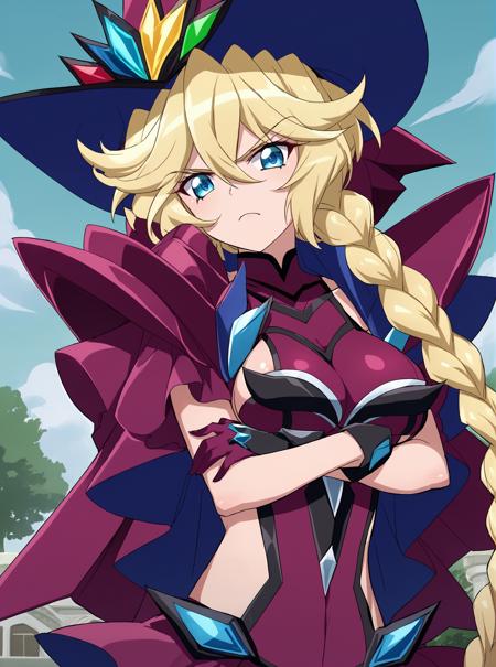 carolgear blonde hair, gloves, hat, side cutout, mole under eye, elbow gloves, sideless outfit, blue eyes, thighhighs, skirt, short hair, garter straps, aged up, witch hat, long hair, large breasts, braid, black thighhighs, braided ponytail