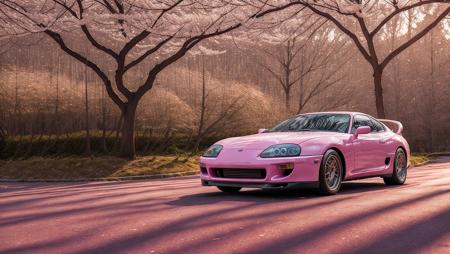 side photo of pink mk4Supra under cherry blossom trees in kyoto at sunset with cobblestone street covered in cherry blossom petals, high quality photo, lens flare, bokeh, 8k resolution, gobo lights, warm ambient light, volumetric light, neon lights, depth of field, analog, foggy atmosphere,  lens flares, light bloom, portra 800 film, <lora:Mk4Supra-000007:.6>, <lora:analogdiffusion_Lora300:.2>