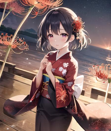 8k, (ultra-detailed eyes:1.1), ultra-detailed, extremely detailed CG, (masterpiece:1.1), (best quality:1.4), extremely detailed CG, (post processing:1.4), (extremety fine and beautiful:1.4), shiragiku hotaru, cute girl, young girl, 1girl, black_hair, looking at viewer, short hair, violet eyes, full body, spider lily, Red Spider Lily, (Field of Red Spider Lily:1.2), ((nighttime)), night, night sky, parted lips, outdoors, detached sleeves ,floral print kimono, japanese clothes, long sleeves, kimono, obiage, obijime, print kimono, print sleeves, red ribbon, red sash, sash, white kimono, white sleeves, wide sleeves, standing, pov,
intricate detailed (iris, eyes),
detailed(hair, beautiful finely eyes, skin, cloth texture),CGI art, <lora:shiragiku hotaru2-000004:0.8>