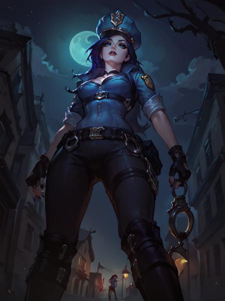 OfficerCaitlyn, 1girl, solo, long dark purple hair, police hat, police jacket, rolled up sleeves, fingerless gloves, black pants, black boots, black sunglasses OfficerCaitlyn, 1girl, solo, long dark purple hair, police hat, black bra, blue crop top, midriff, fingerless gloves, short police skirt, black boots, black sunglasses sniper rifle