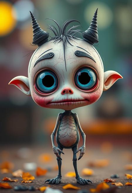 A whimsical character design with exaggerated proportions, big expressive eyes, and gothic undertones.  Vibrant color palette, playful yet eerie atmosphere, textured details, stylized anatomy, pop culture influences, and urban art aesthetics.  Sharp subject focus, soft blurred bokeh background.  Cartoonish surrealism, unique visual personality, childlike wonder with dark edges.